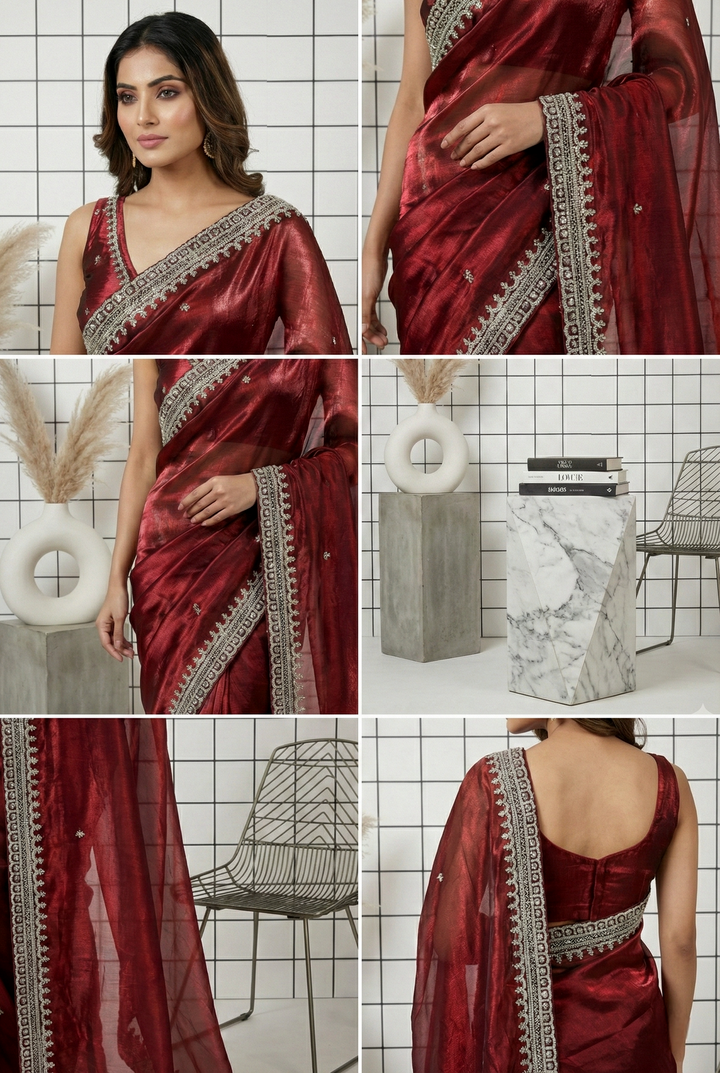 Neerus Maroon organza embellished saree - back view