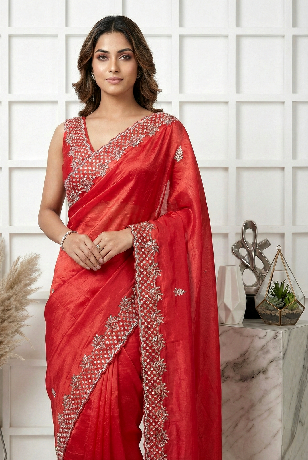 Neerus Red organza embellished floral saree - back view
