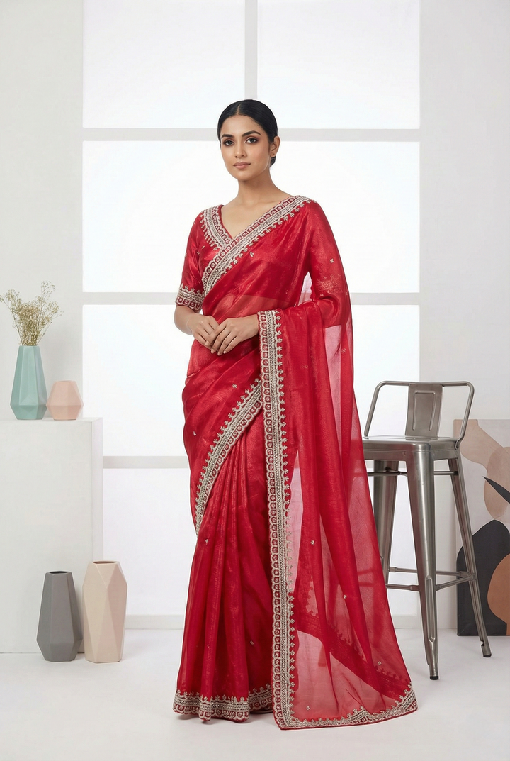 Neerus Pink organza embellished saree - front view