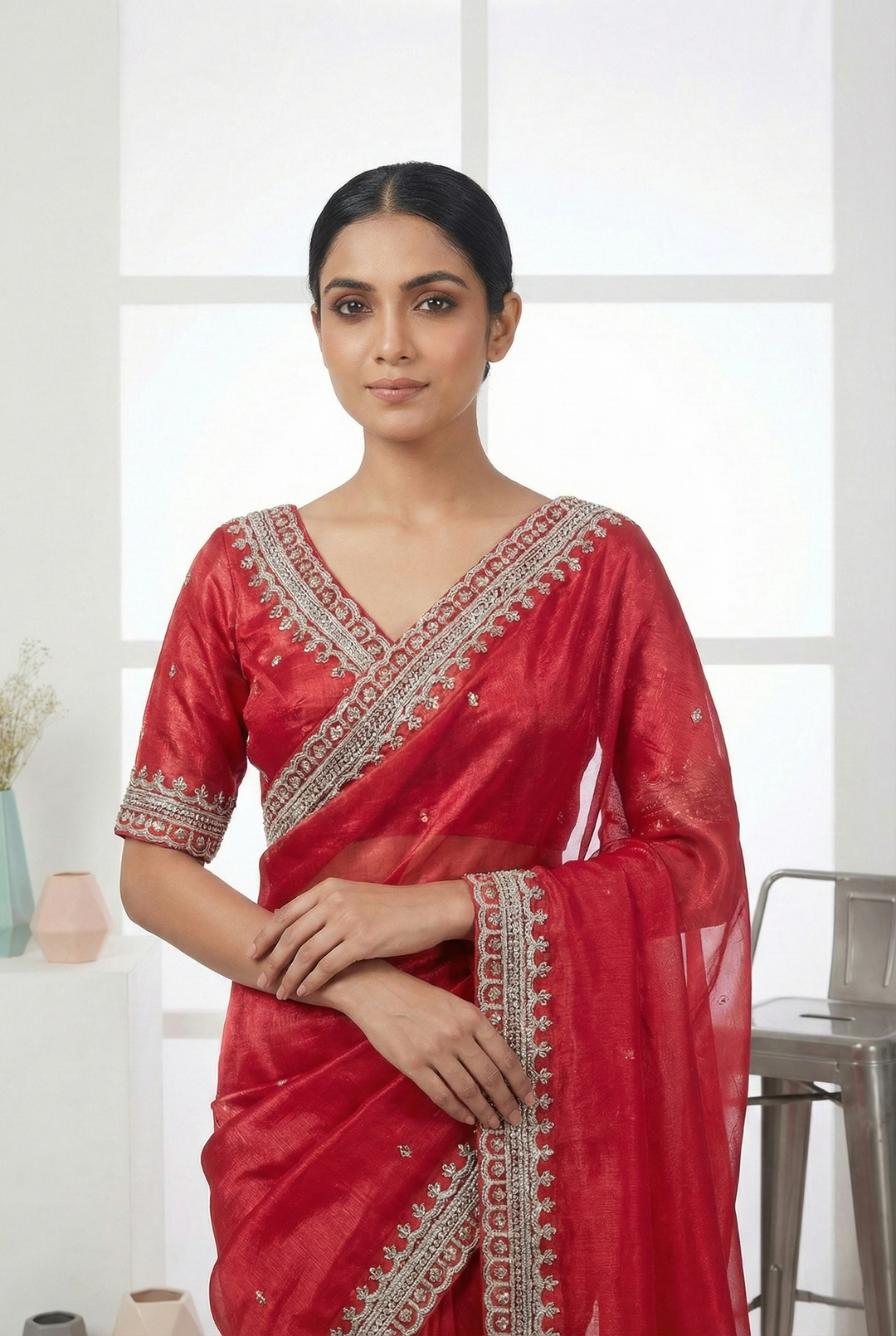 Neerus Pink organza embellished saree - side view