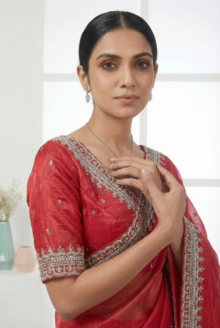 Neerus Pink organza embellished saree - back view
