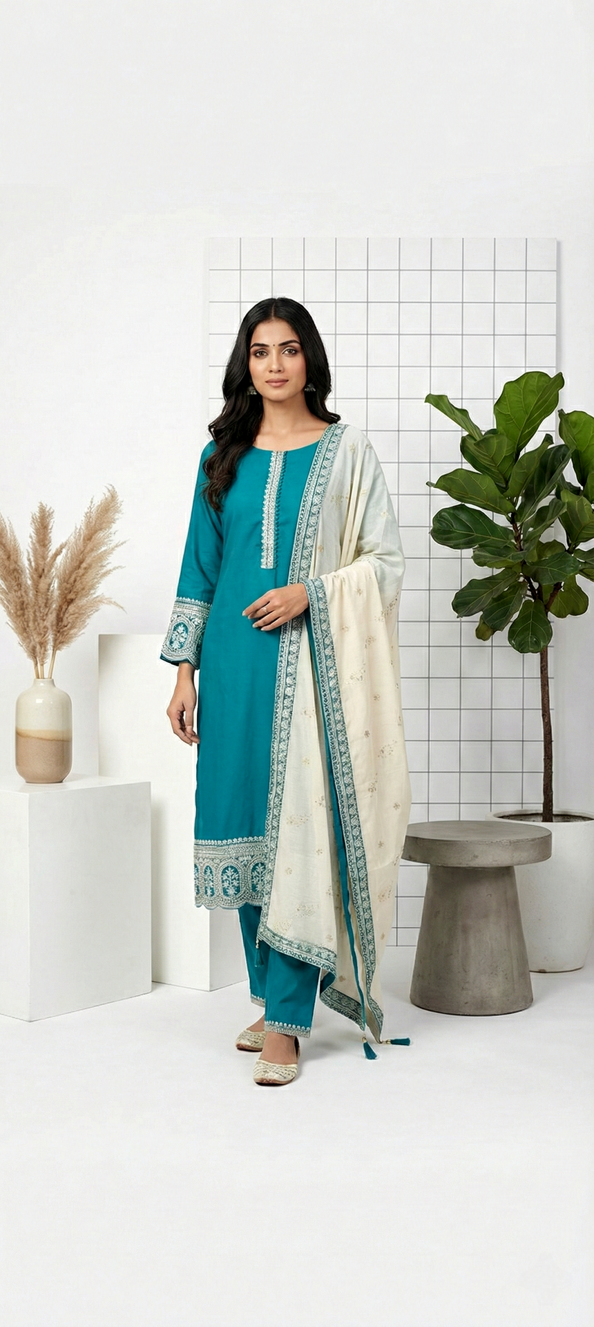 Neerus Green silk hand embroidered suit set - front view