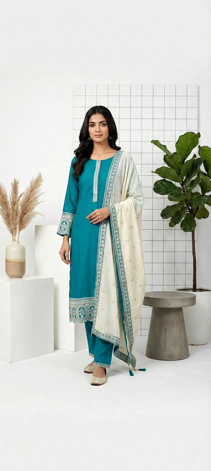 Neerus Green silk hand embroidered suit set - front view