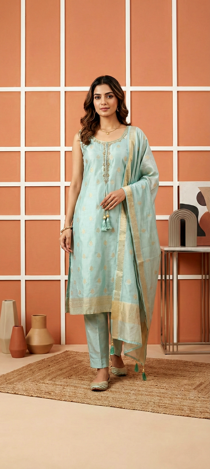 Neerus Green tissue printed suit set - front view