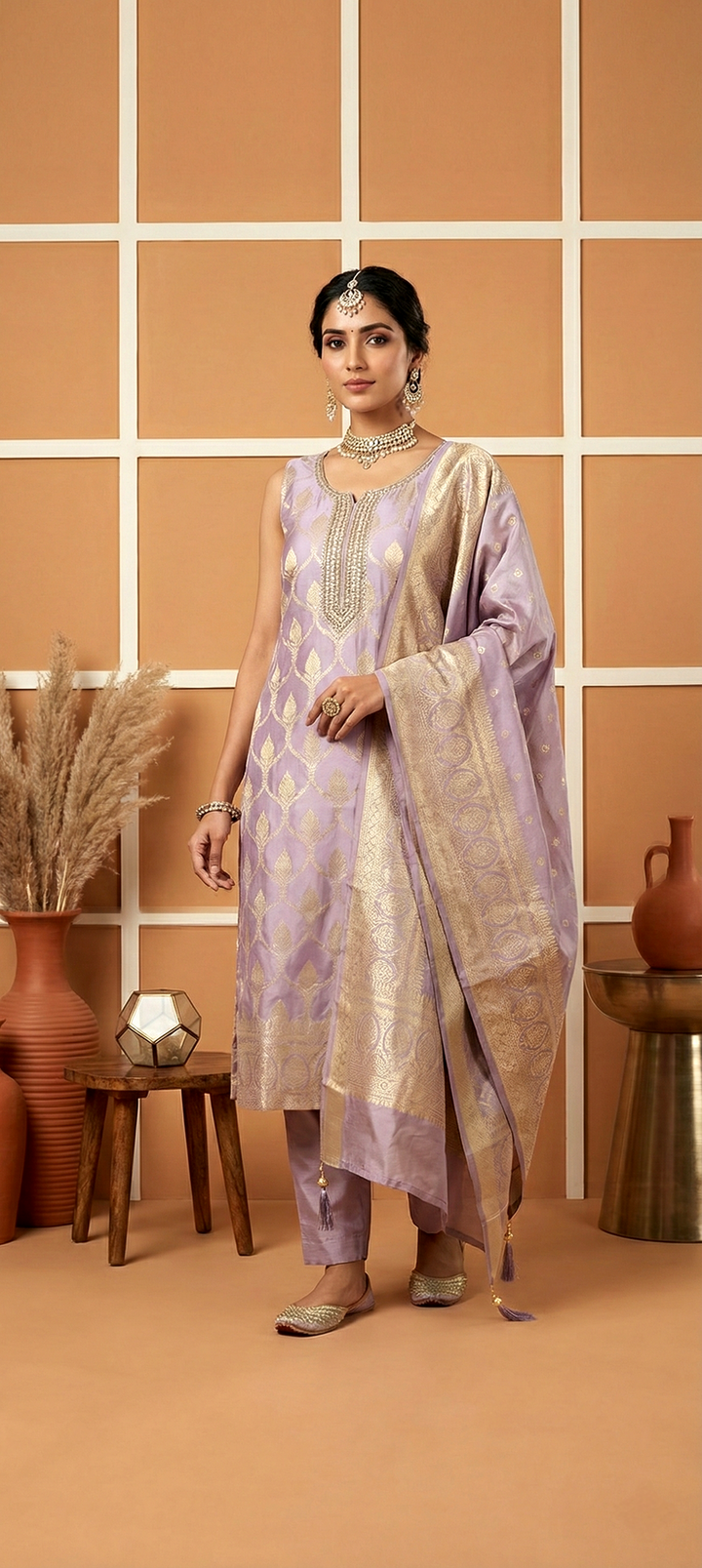 Neerus Purple tissue printed suit set - front view