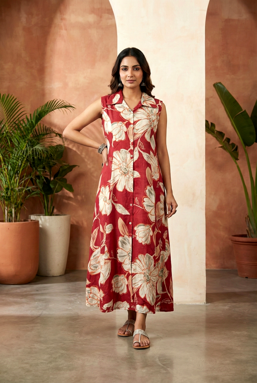Neerus Maroon rayon printed maxi dress - front view