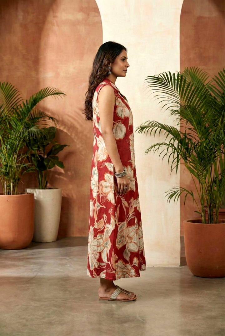 Neerus Maroon rayon printed maxi dress - back view