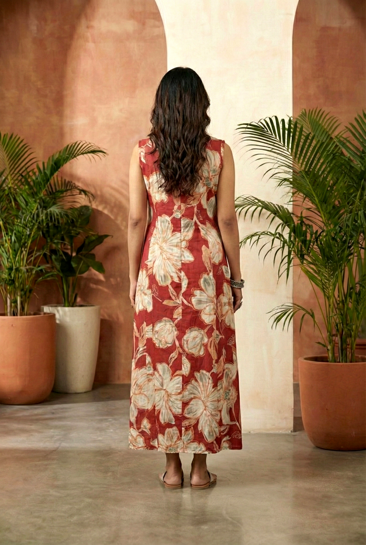 Neerus Maroon rayon printed maxi dress - side view