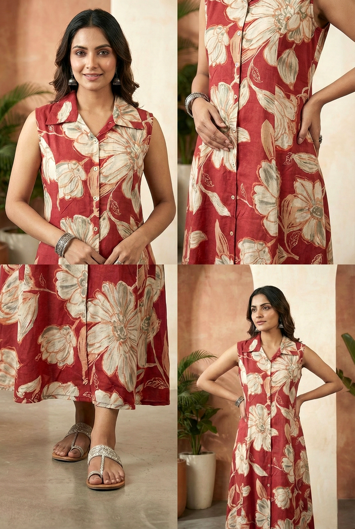 Neerus Maroon rayon printed maxi dress - detail view 2