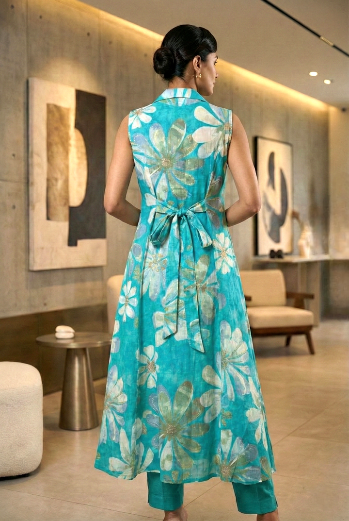Neerus Green rayon printed maxi dress - side view