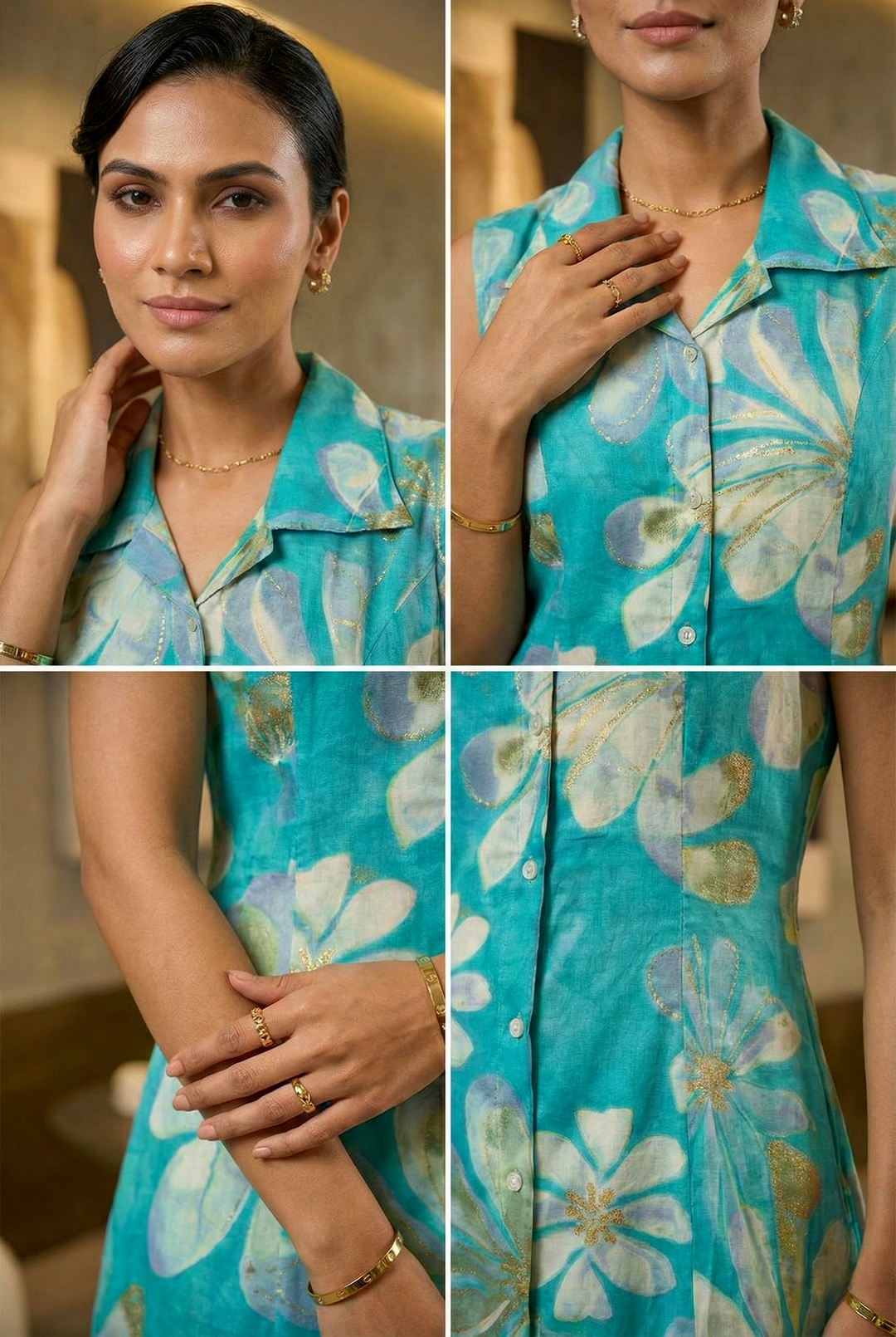 Neerus Green rayon printed maxi dress - detail view 1