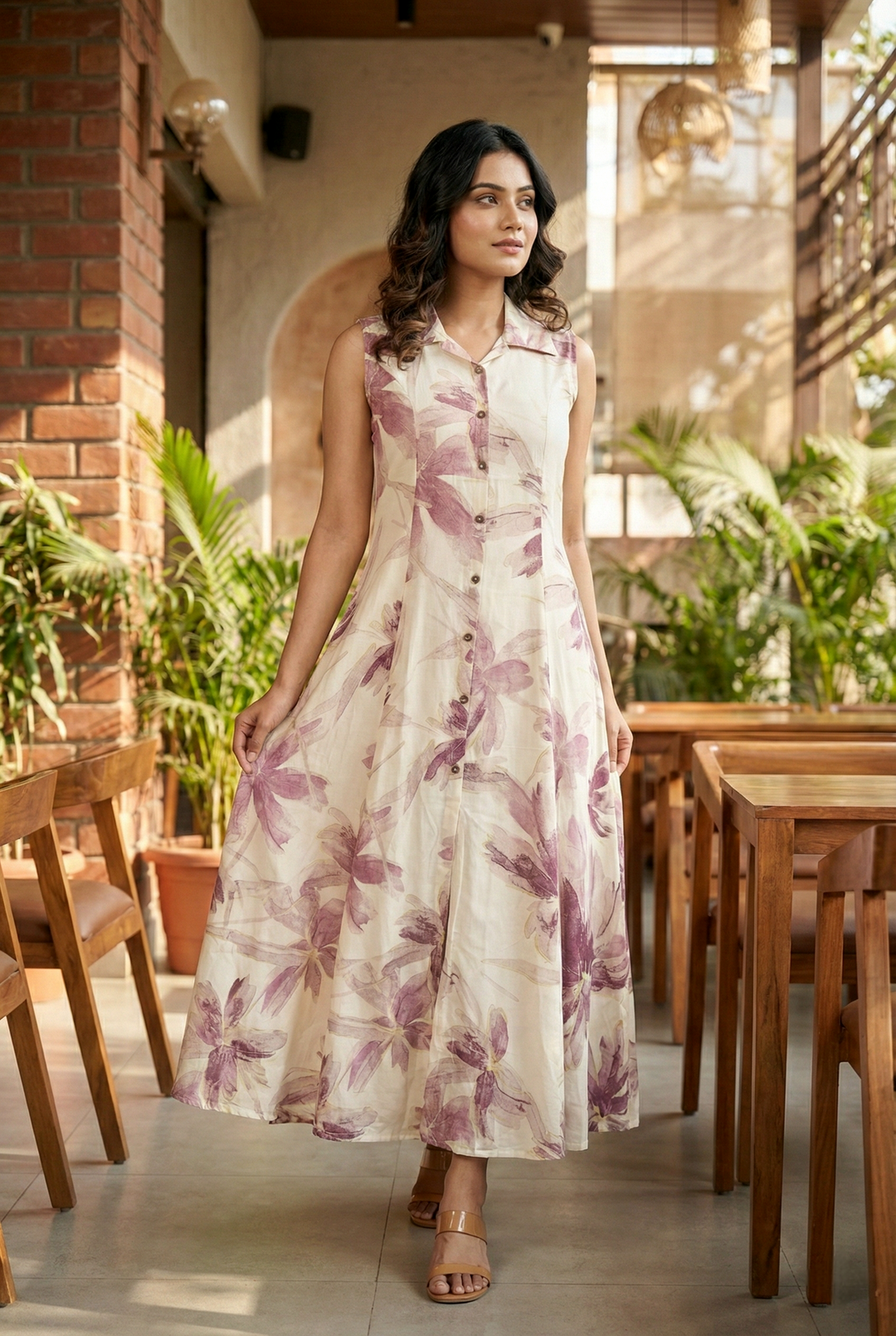 Neerus Maroon Rayon Printed Maxi Dress - front view