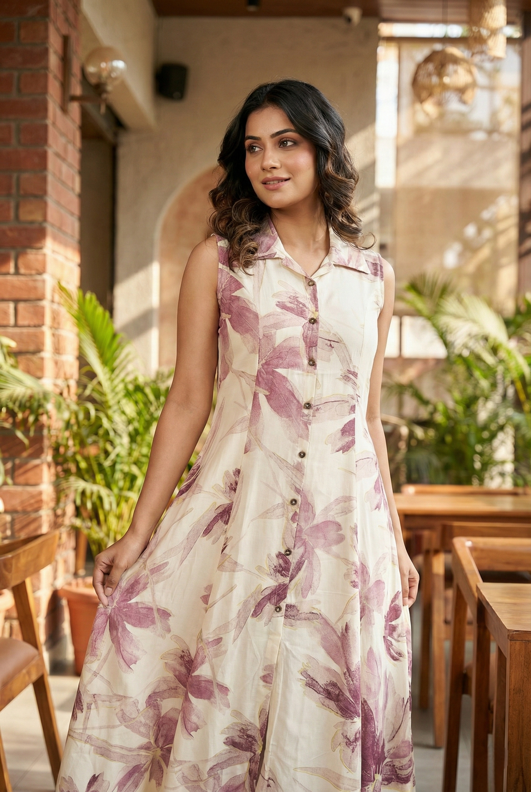 Neerus Maroon Rayon Printed Maxi Dress - back view