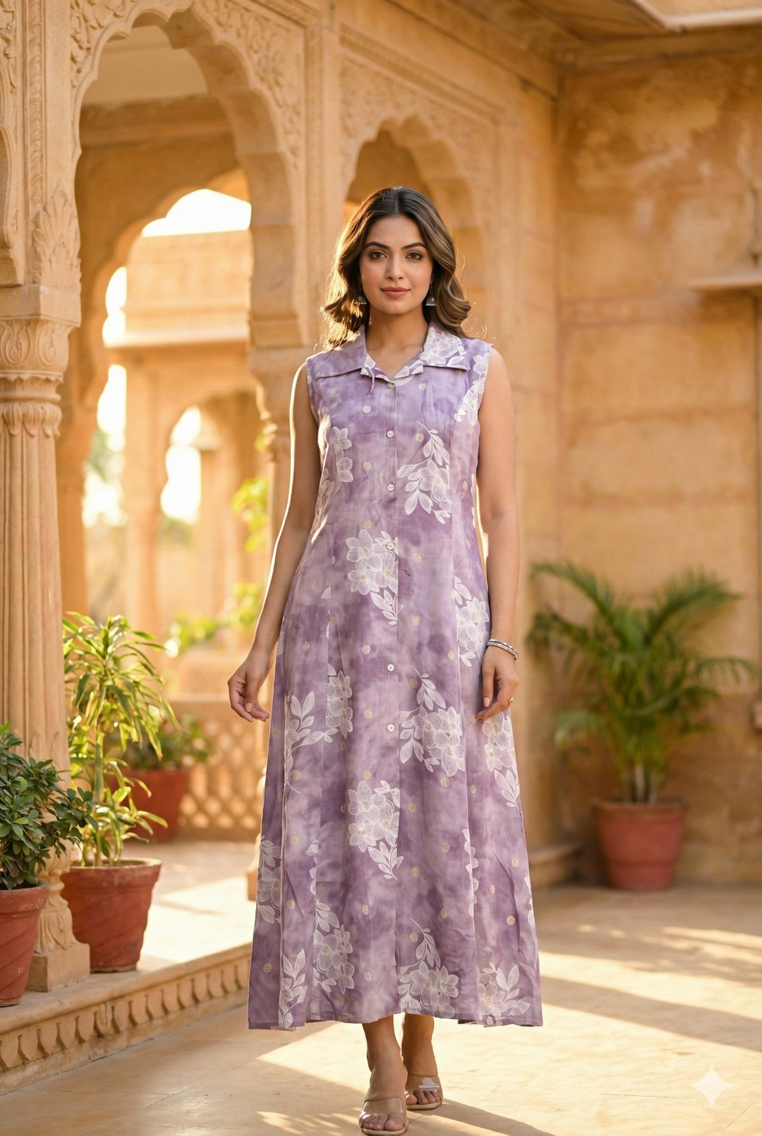 Neerus Purple rayon digital printed dress - front view