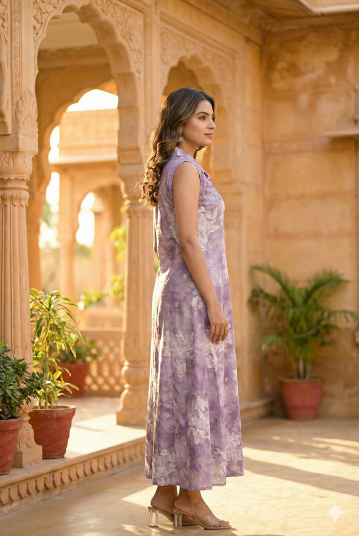 Neerus Purple rayon digital printed dress - back view