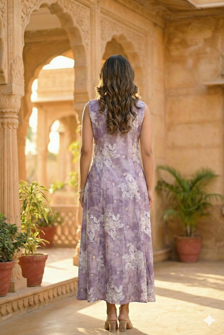 Neerus Purple rayon digital printed dress - side view