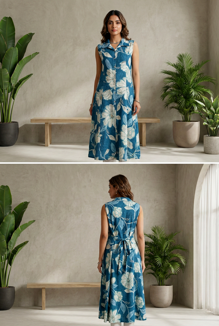 Neerus Green Rayon Printed Maxi Dress - back view