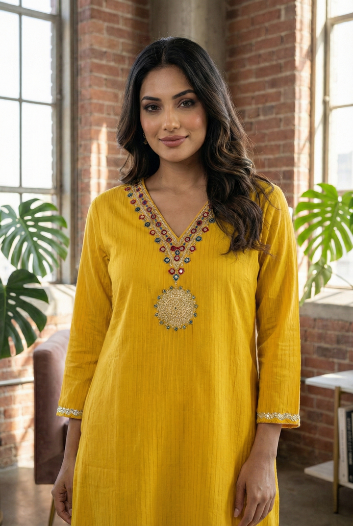 Neerus Yellow Rayon Hand Embroidered Kurta - detail view 2