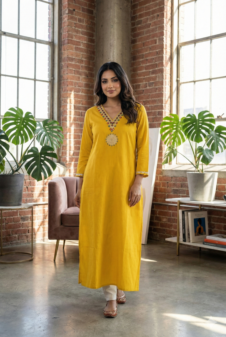 Neerus Yellow Rayon Hand Embroidered Kurta - front view