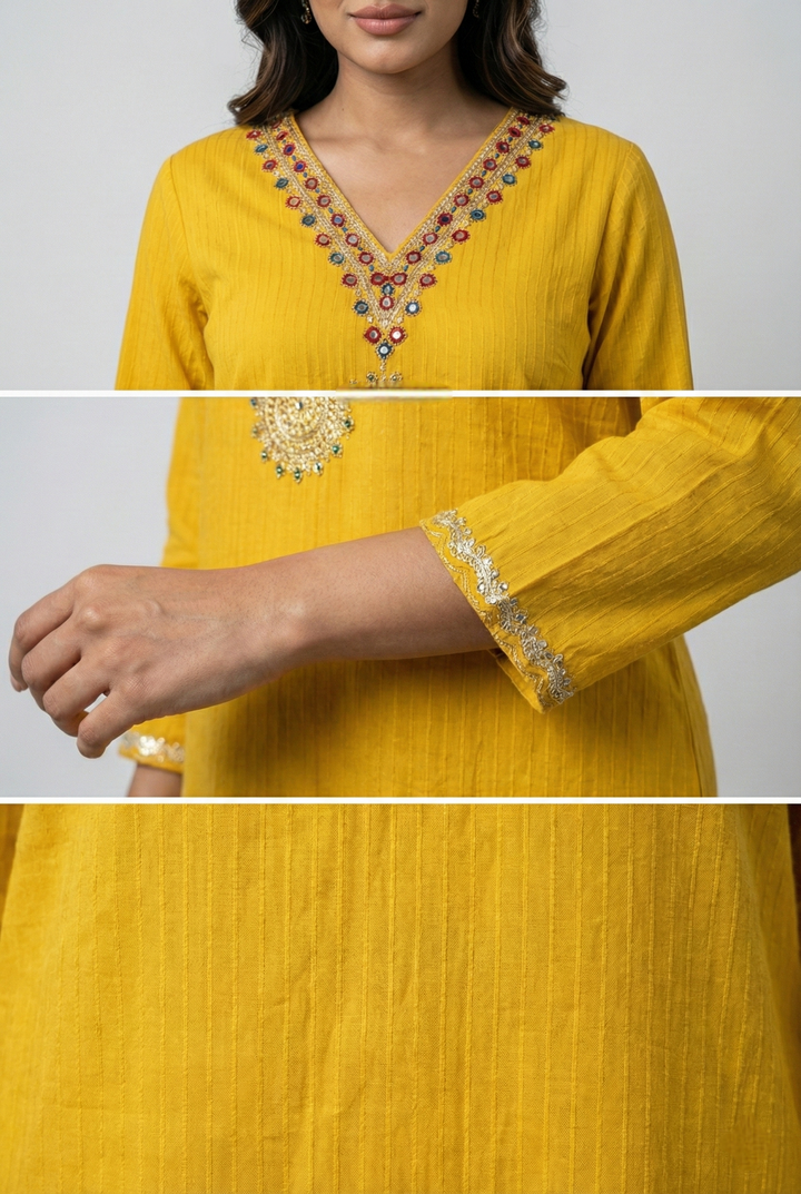 Neerus Yellow Rayon Hand Embroidered Kurta - detail view 1