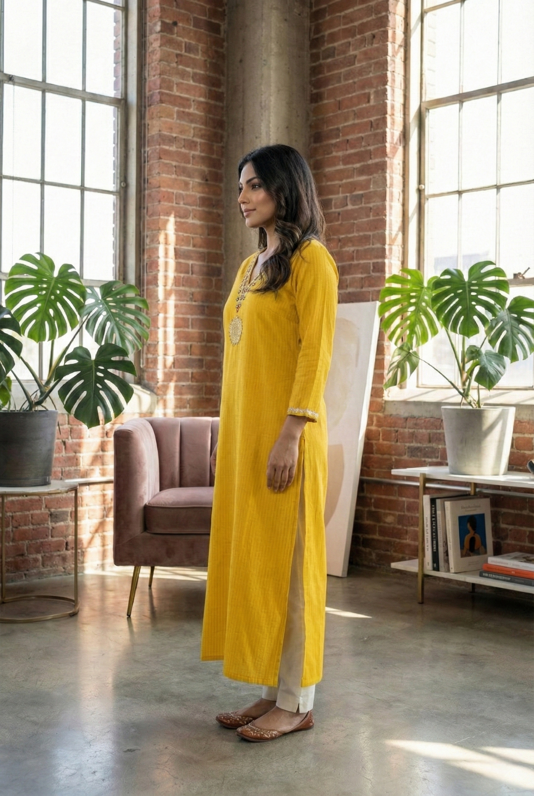 Neerus Yellow Rayon Hand Embroidered Kurta - back view
