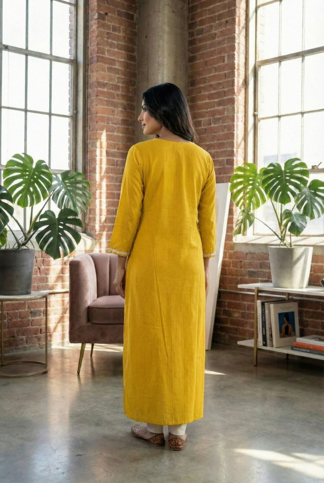 Neerus Yellow Rayon Hand Embroidered Kurta - side view