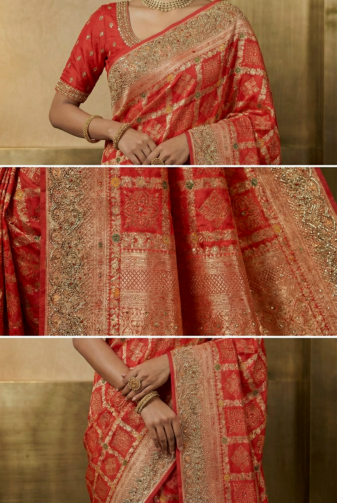 Neerus Red Banarasi embellished saree - side view