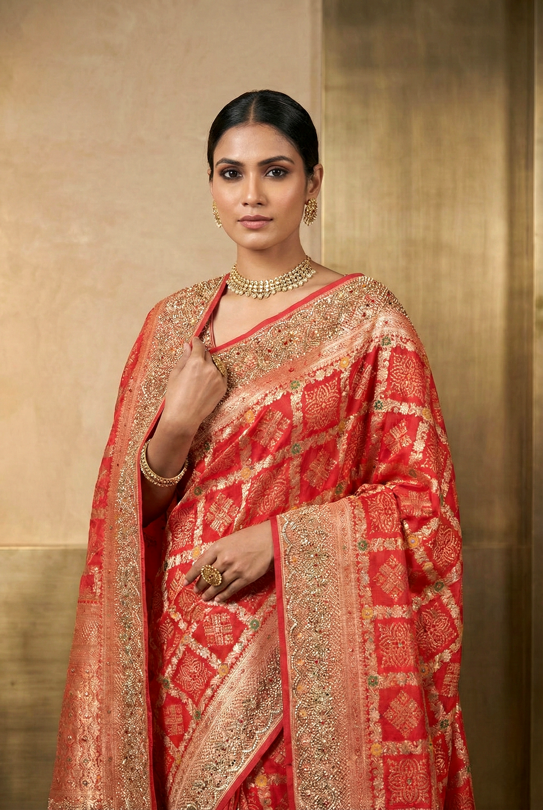 Neerus Red Banarasi embellished saree - back view