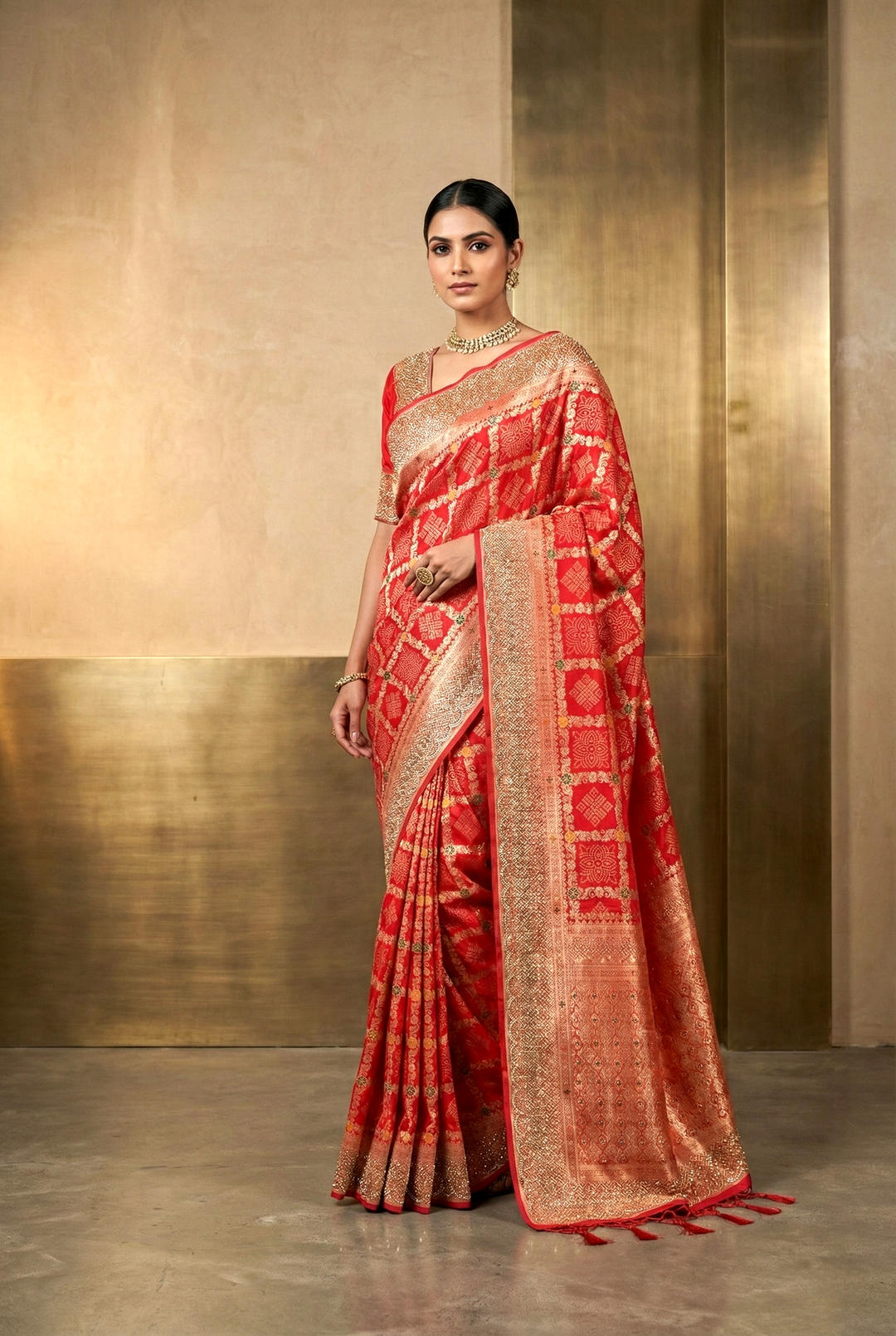 Neerus Red Banarasi embellished saree - front view