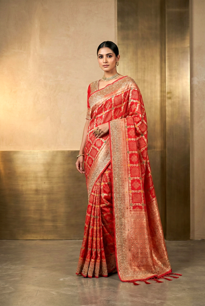 Neerus Red Banarasi embellished saree - front view