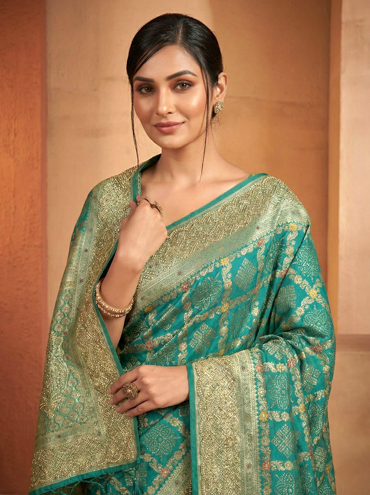 Neerus Green Banarasi printed saree - side view