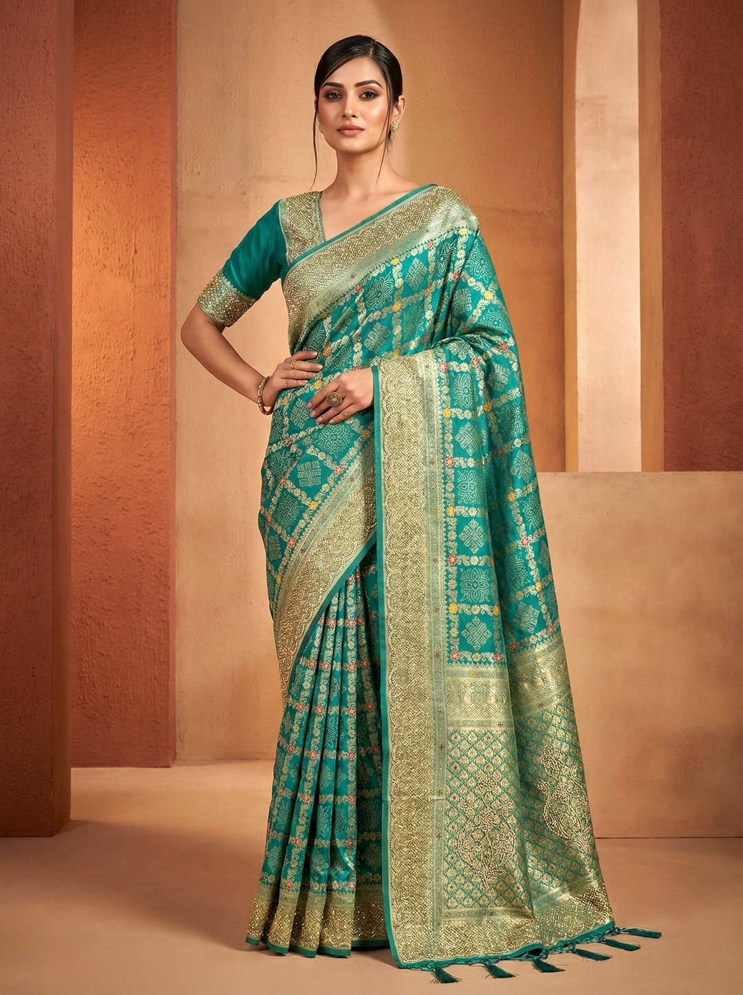 Neerus Green Banarasi printed saree - front view