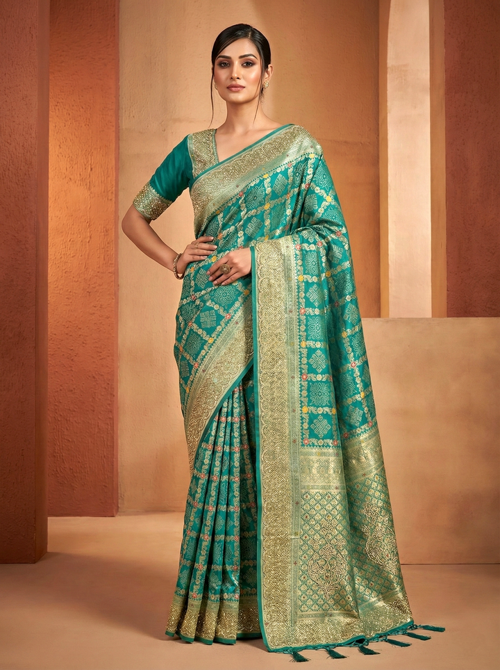 Neerus Green Banarasi printed saree - front view