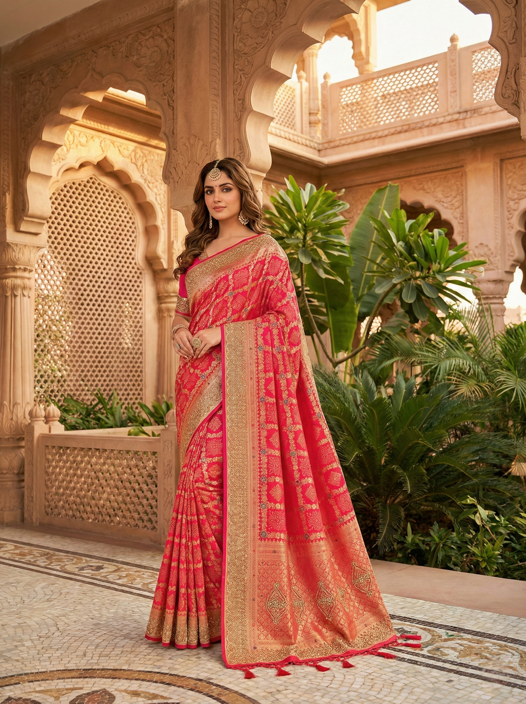 Neerus Pink Banarasi printed saree with beadwork - front view