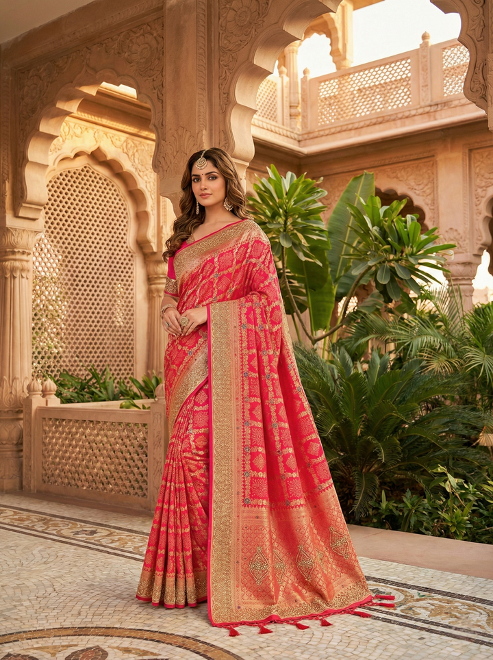 Neerus Pink Banarasi printed saree with beadwork - front view