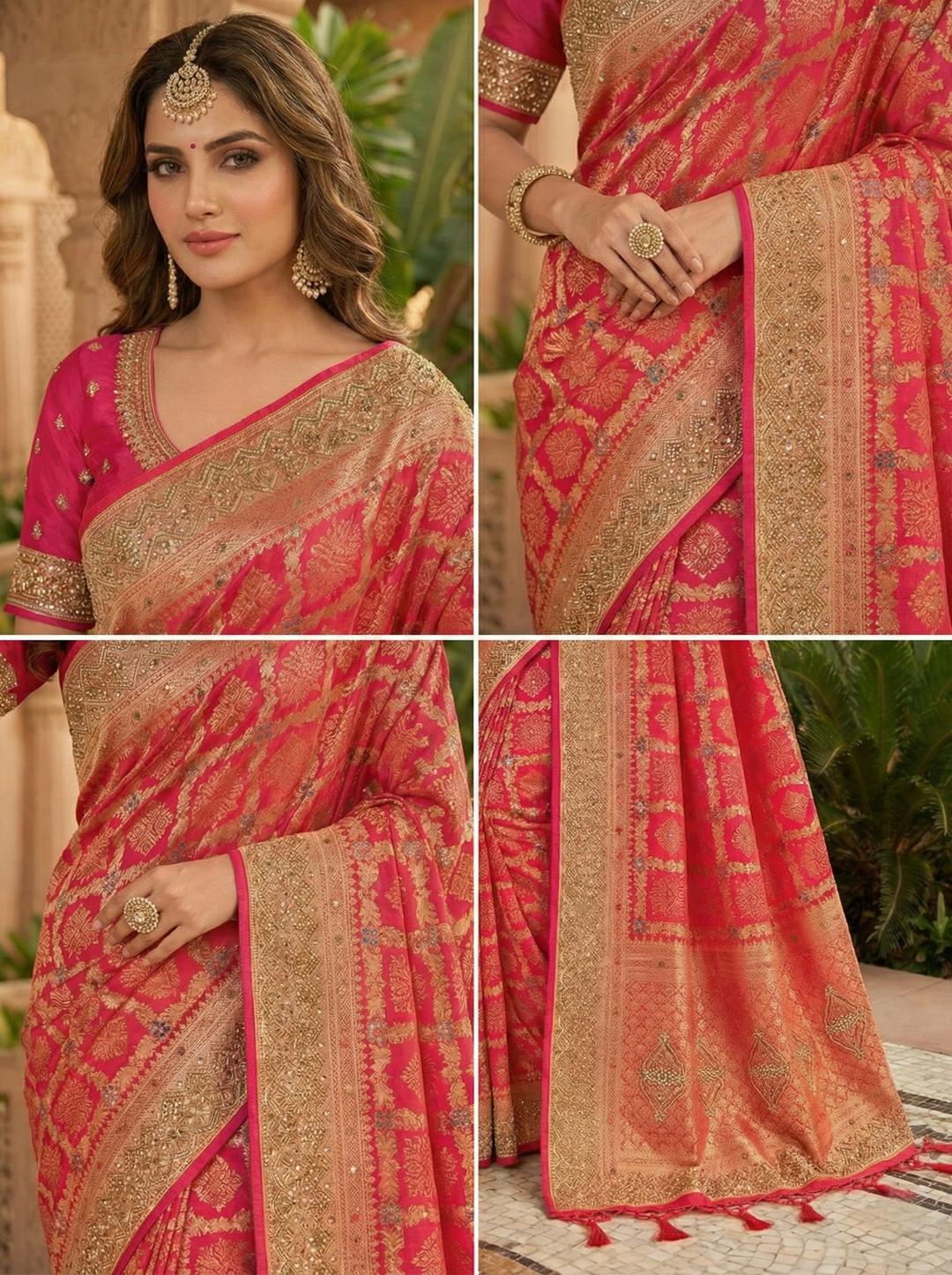 Neerus Pink Banarasi printed saree with beadwork - side view