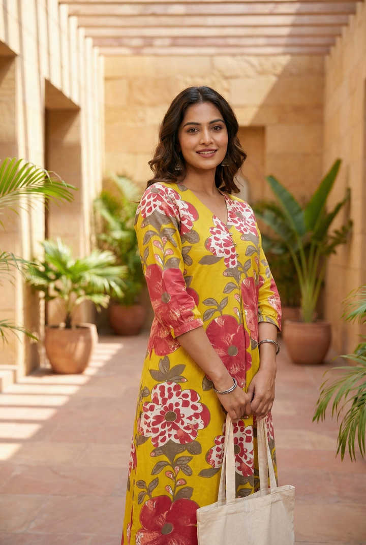 Neerus Yellow cotton printed dress - front view