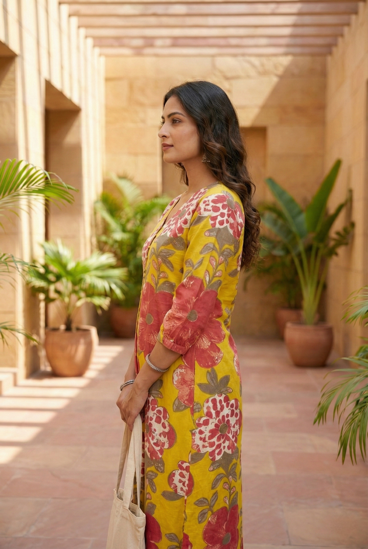 Neerus Yellow cotton printed dress - back view