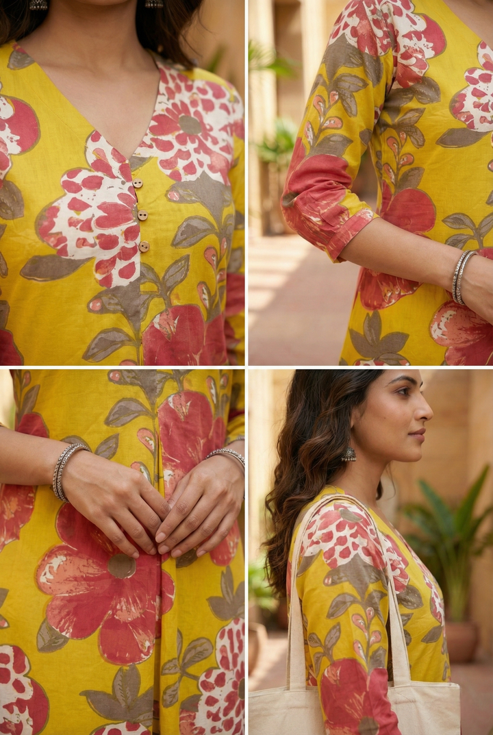 Neerus Yellow cotton printed dress - detail view 1