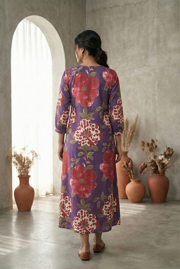 Neerus Purple cotton printed dress - side view