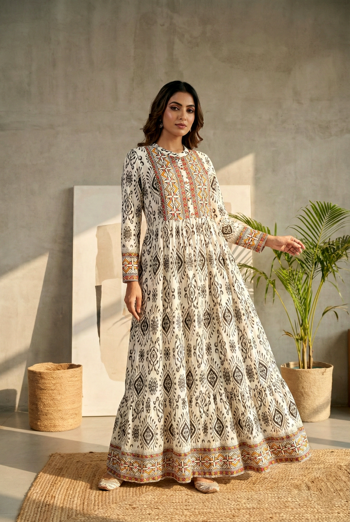 Neerus White rayon printed maxi dress - front view
