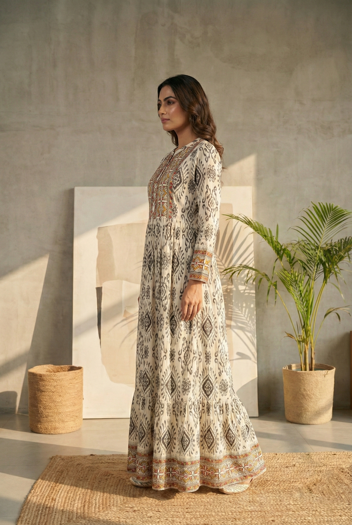 Neerus White rayon printed maxi dress - back view