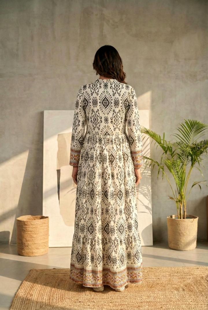 Neerus White rayon printed maxi dress - side view