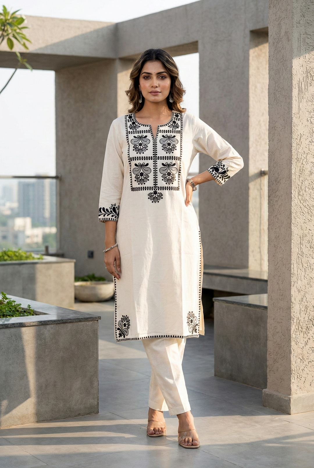 Neerus Black cotton thread embroidered kurta set - front view
