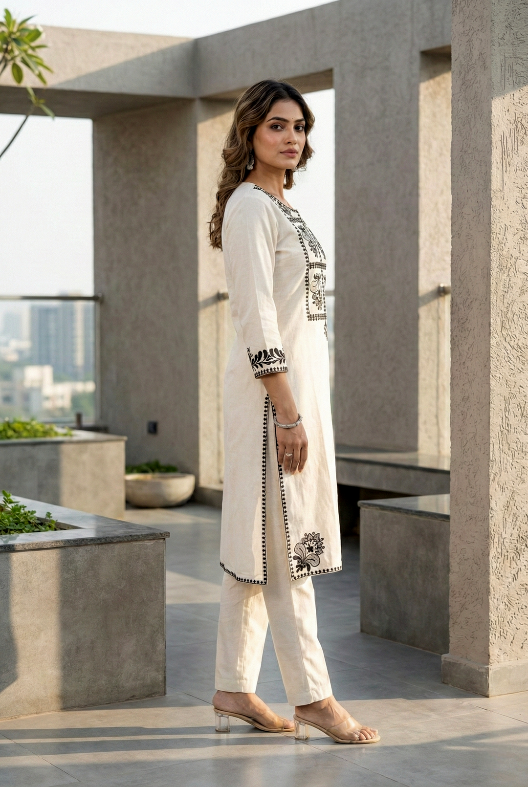 Neerus Black cotton thread embroidered kurta set - back view