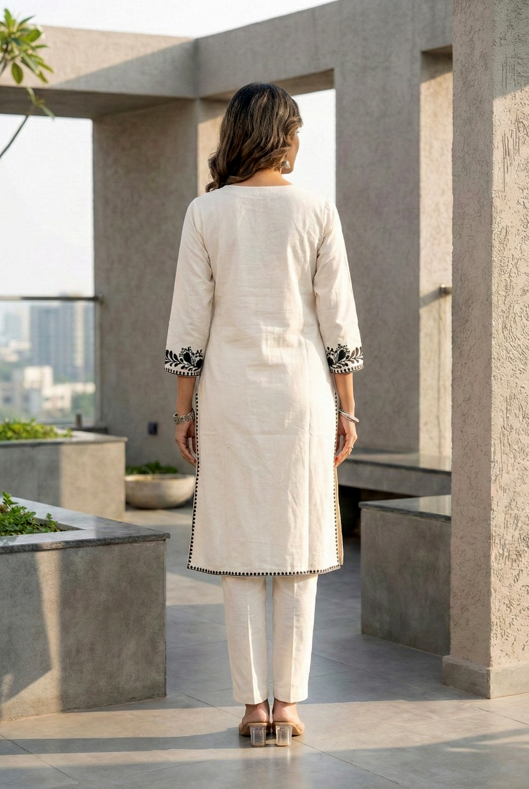Neerus Black cotton thread embroidered kurta set - side view