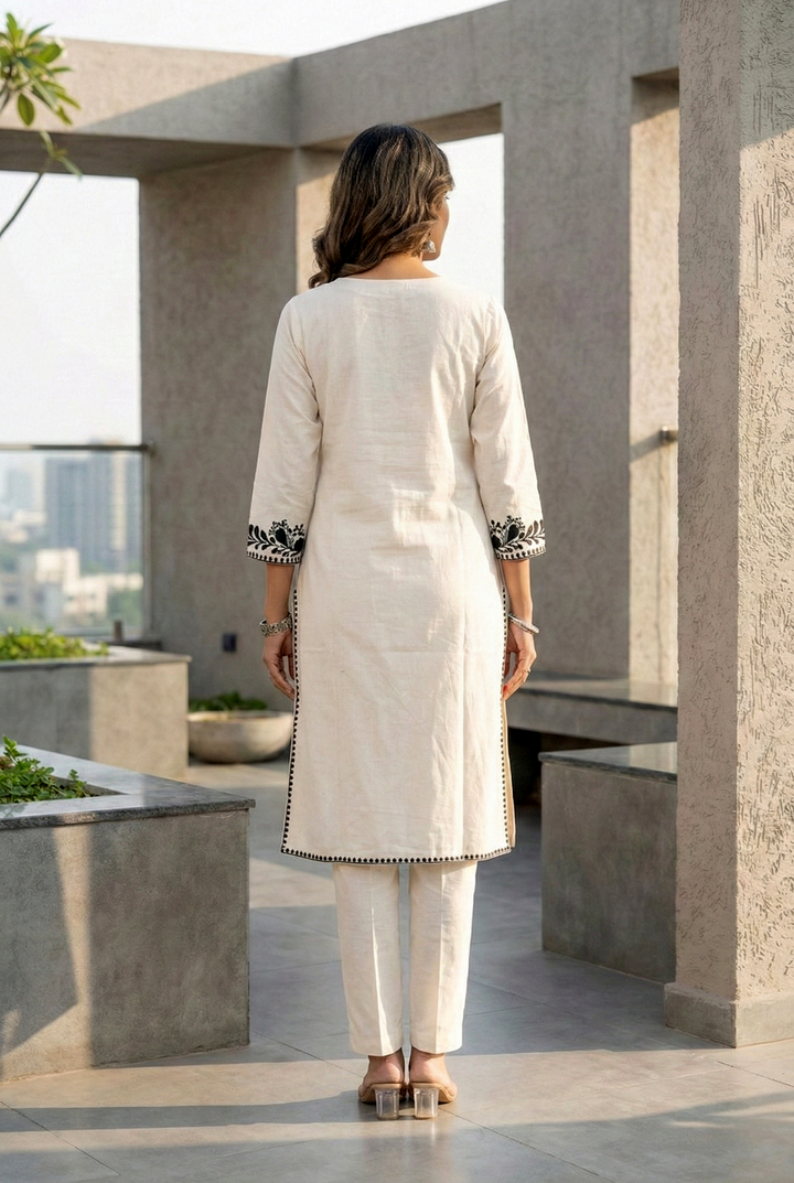 Neerus Black cotton thread embroidered kurta set - side view