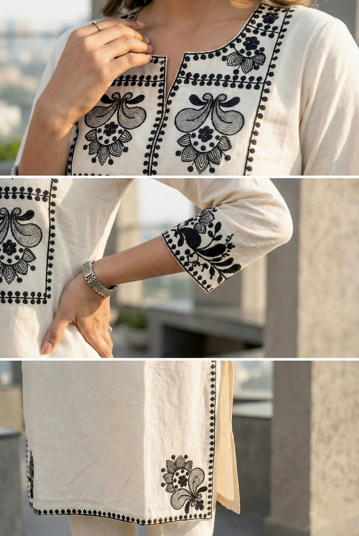 Neerus Black cotton thread embroidered kurta set - detail view 2