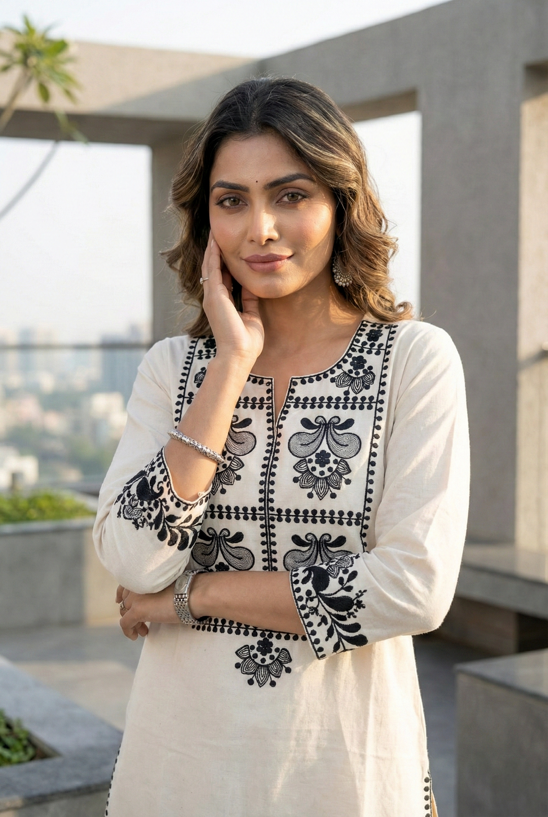 Neerus Black cotton thread embroidered kurta set - detail view 3