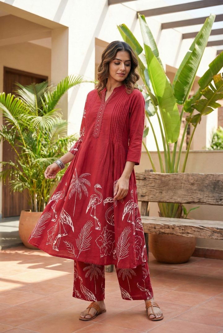 Neerus Maroon cotton printed kurta set - front view